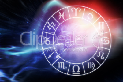 Composite image of digitally composite image of clock with various zodiac signs