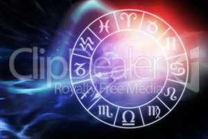 Composite image of digitally composite image of clock with various zodiac signs