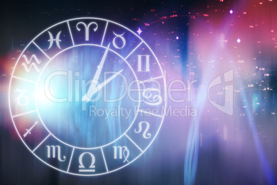 Composite image of vector image of clock with various zodiac signs