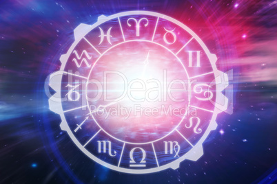 Composite image of digital image of clock with various zodiac signs