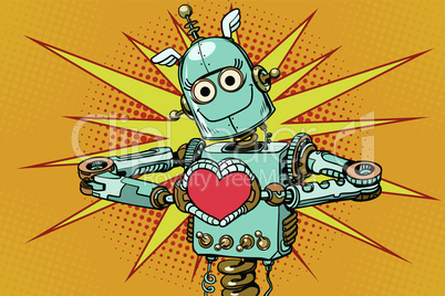 Robot lover with a red heart, symbol of love