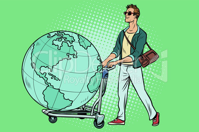 man tourist with a Luggage cart with the planet Earth