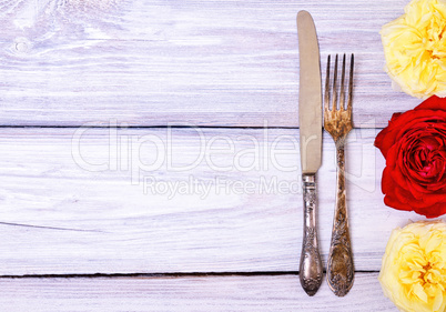 Iron cutlery fork and knife on a white wooden table