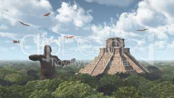 Riesiger Gorilla, Pterodaktylus und Maya Tempel