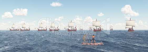 Schiffbrüchiger auf einem Floß und antike römische Kriegsschiffe