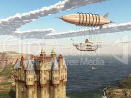 Fantasie Luftschiff und schottisches Schloss