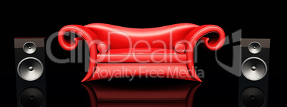 Rotes Sofa und Lautsprecherboxen vor schwarzem Hintergrund