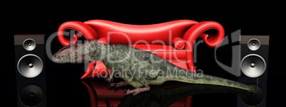 Rotes Sofa, Lautsprecherboxen und der Dinosaurier Giganotosaurus