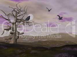 Dead tree and crows raven by night - 3D render