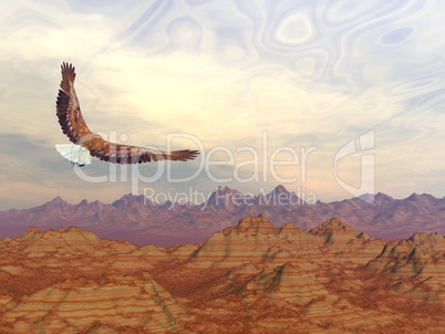 Bald eagle flying upon rocky mountains - 3D render