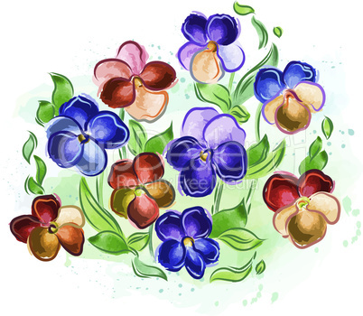 Watercolor flowers violets and pansy and leaves