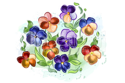 Watercolor flowers violets and pansy and leaves