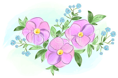 Watercolor purple and blue flowers with leaves