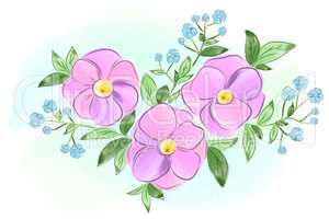 Watercolor purple and blue flowers with leaves