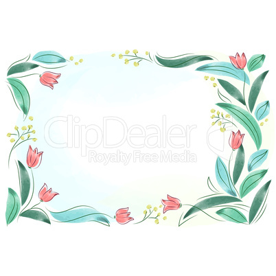 Floral frame with pink spring flowers. Tulips posy border isola