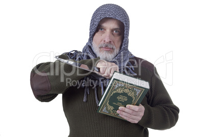 Muslim man with a Koran and a knife