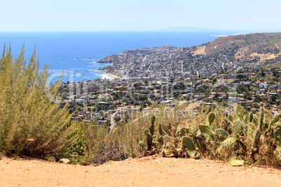 High hillside view of coastline of Laguna Beach with the ocean