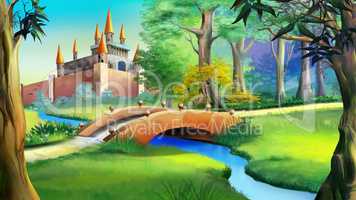 Landscape with fairy tale castle and small bridge over the river