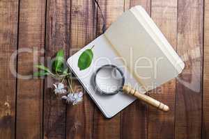 Notebook and magnifier