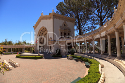 Open seating and ornate building with pillars of the Spreckels O