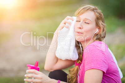 Young Fit Adult Woman Outdoors With Towel and Water Bottle in Wo