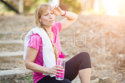 Young Fit Adult Woman Outdoors With Towel and Water Bottle in Wo