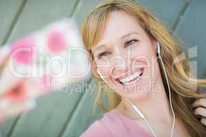Young Adult Woman Wearing Earphones Taking a Selfie with Her Sma