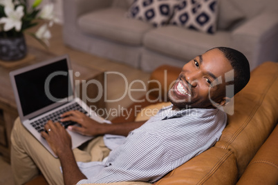 Portrait of happy young man using laptop at home
