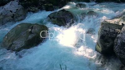 Mountain Forest River and Sunbeam. Slow Motion