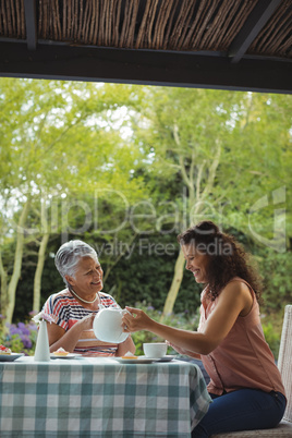 Mother and daughter having tea