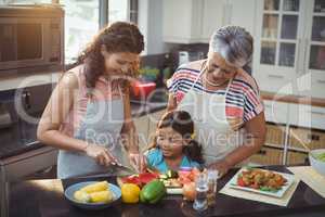 Mother teaching daughter to chop vegetables in kitchen