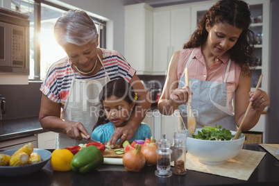 Grandmother teaching granddaughter to chop vegetables in kitchen