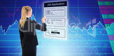 Composite image of businesswoman pointing somewhere