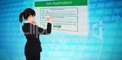 Composite image of thoughtful businesswoman pointing