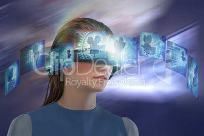 Composite image of woman experiencing  virtual reality headset