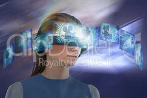 Composite image of woman experiencing  virtual reality headset