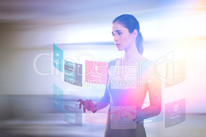 Composite image of thoughtful woman standing against white background