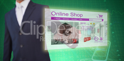 Composite image of smiling businessman in suit pointing