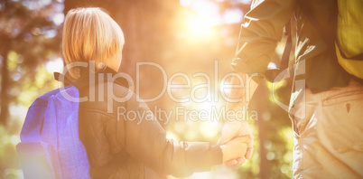 Father and son holding hands while hiking in forest