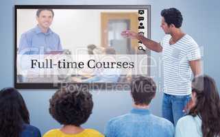 Composite image of casual businesswoman giving presentation to colleagues