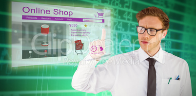 Composite image of geeky businessman smiling and pointing