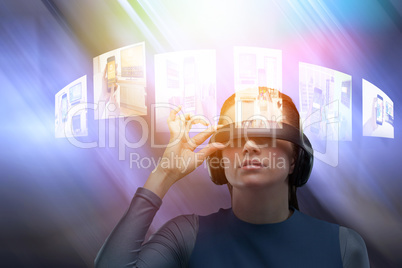 Composite image of close up of woman trying virtual reality simulator