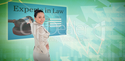 Composite image of smiling asian businesswoman pointing