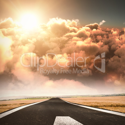 Composite image of scenic view of bright sun over clouds