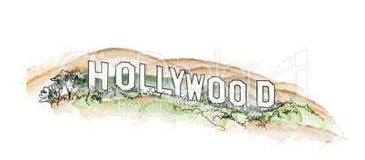 Hollywood sign watercolor illustration. Hollywood hill landscape
