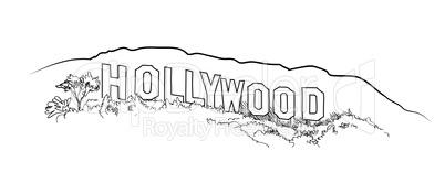 Hollywood sign engraving. Hollywood hill  landscape view