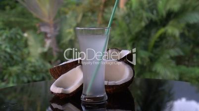 Coconuts and coconut water on the black glass table isolated over blurred palm trees background