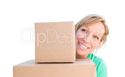 Happy Young Adult Woman Holding Moving Boxes Isolated On A White