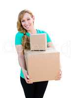 Smiling Young Adult Woman Holding Moving Boxes Isolated On A Whi