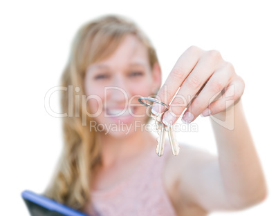 Excited Woman Holding House Keys Isolated on a White Background.